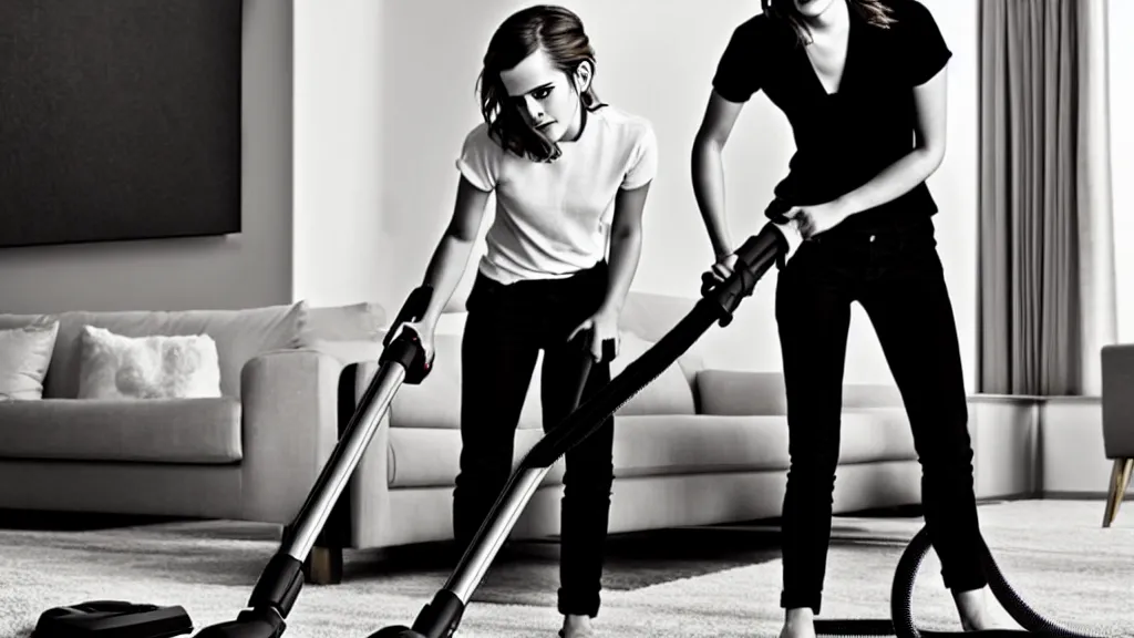 Image similar to emma watson vacuuming, professional photography, realistic, detailed, photorealistic