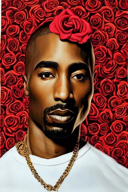 Image similar to Tupac, portrait by Kehinde Wiley!!, roses, artgerm, loish, oil painting,