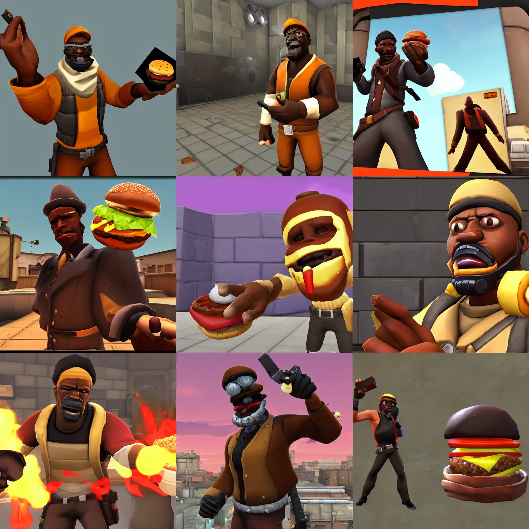 Prompt: the demoman from tf 2 offering a hamburger, screenshot from tf 2