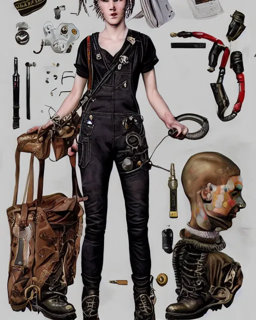 Prompt: a full body portrait of a beautiful androgynous punk girl with short hair and beautiful eyes, beautiful face, wearing tall combat boots, who is a mechanic wearing overalls carrying a bag, digital concept art, detailed digital painting, ornate decorative background, by j. c. leyendecker and edward blair leighton and charlie bowater, trending on artstation