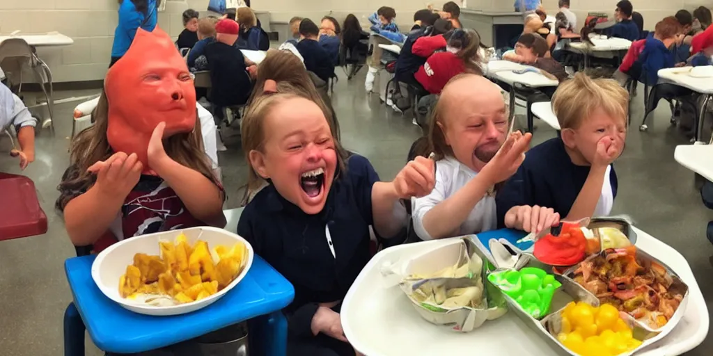 Image similar to cyclops coneheads school lunchroom food fight, detailed facial expressions