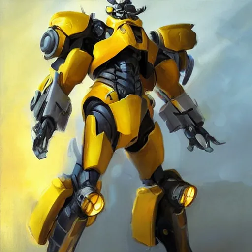 Image similar to greg manchess portrait painting of bumblebee the transformer as overwatch character, medium shot, asymmetrical, profile picture, organic painting, sunny day, matte painting, bold shapes, hard edges, street art, trending on artstation, by huang guangjian, gil elvgren, ruan jia, greg rutkowski, gaston bussiere