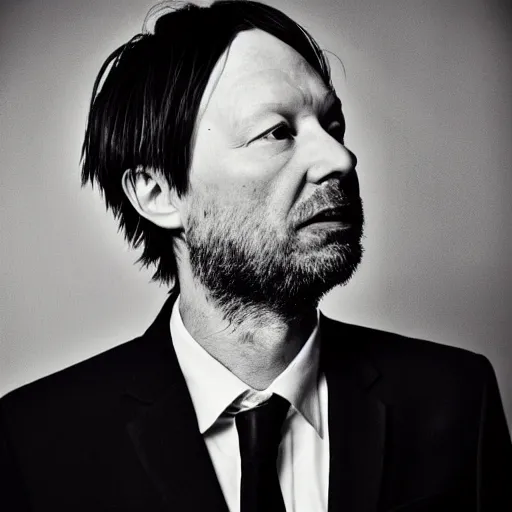 Image similar to a black and white photo of radiohead in a suit, a portrait by John E. Berninger, behance, private press, ultrafine detail, chiaroscuro, studio portrait