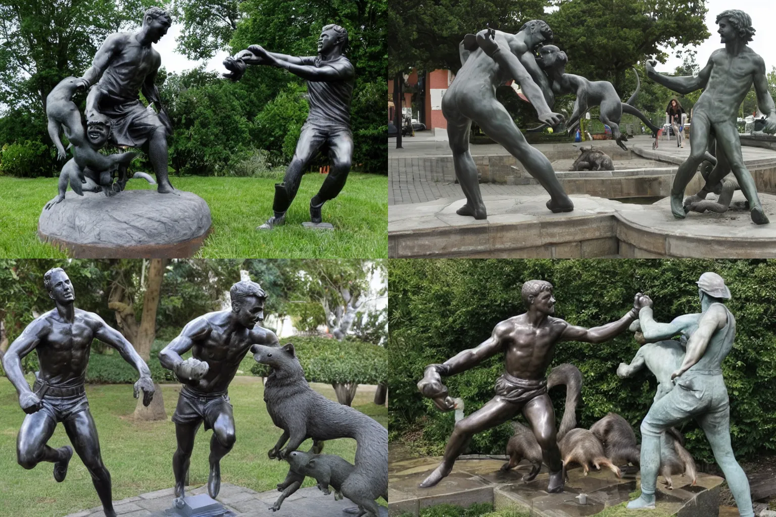 Prompt: statue of man fighting ferrets