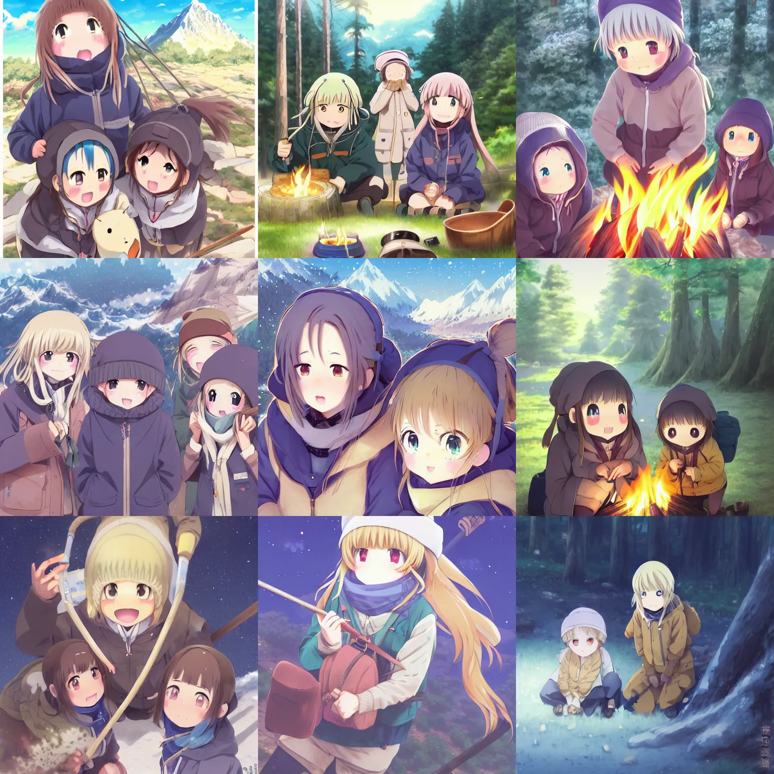 Image similar to anime yuru camp yama no susume cute girls around campfire trending on artstation hyperdetailed shining eyes cute moe Insanely detailed faces Unreal Engine 4k 8k ultra HD illustration digital pixiv concept art Award Winning manga cover by Stanley Artgerm Lau, WLOP, Rossdraws, James Jean, Andrei Riabovitchev, Marc Simonetti, and Sakimichan