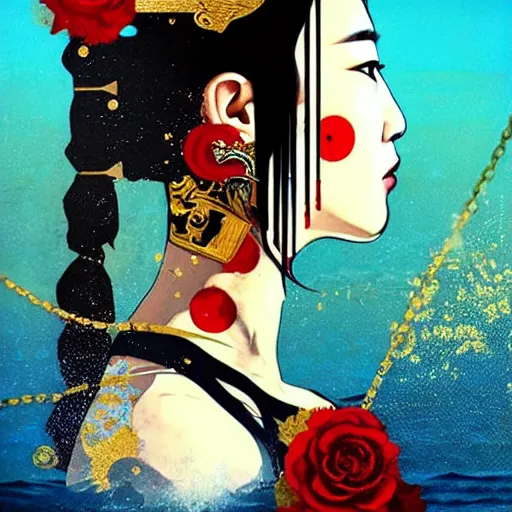 Prompt: portrait of chinese woman :: side profile :: in ocean :: clockwork details :: gold :: blood and horror :: by vikings and Sandra Chevrier