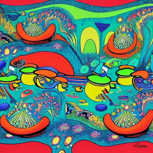 Image similar to psychedelic trippy couch in the lush forest, planets, flowers, mushrooms milky way, sofa, cartoon by carl barks