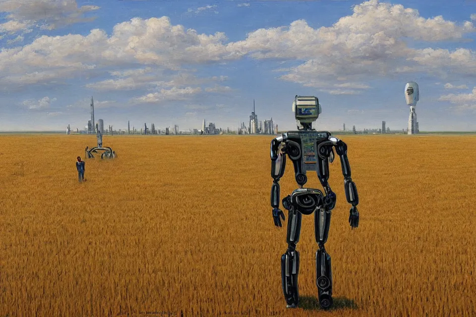 Prompt: sci-fi painting of a large alien city on the vast wheat fields, the closed back view of one humanoid robot on the ground, by Gustave Baumann, godrays, detailed