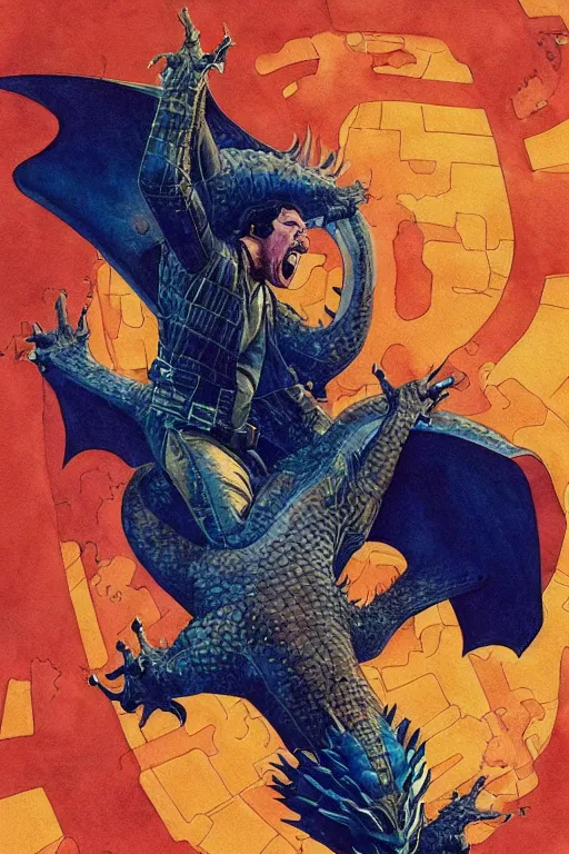 Image similar to han solo riding a dragon, full view, science fiction, art by jean giraud, moebius, juan gimenez, in watercolor gouache detailed paintings, in style of syd mead, colorful comics style, artstation