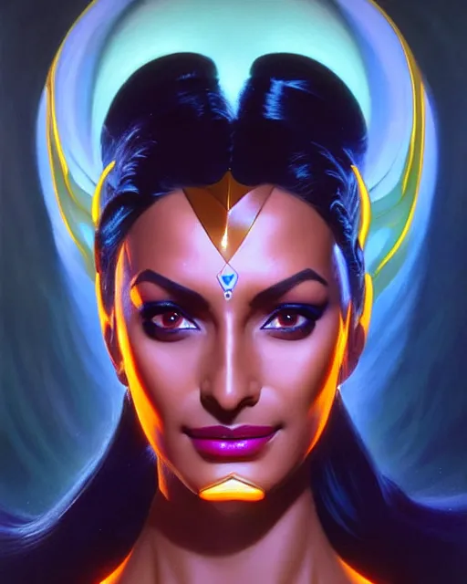 Image similar to symmetra from overwatch, bust, fantasy, fantasy art, fantasy, colorful, elegant, character portrait, portrait, close up, highly detailed, intricate detail, amazing detail, sharp focus, vintage fantasy art, vintage sci - fi art, radiant light, caustics, by boris vallejo