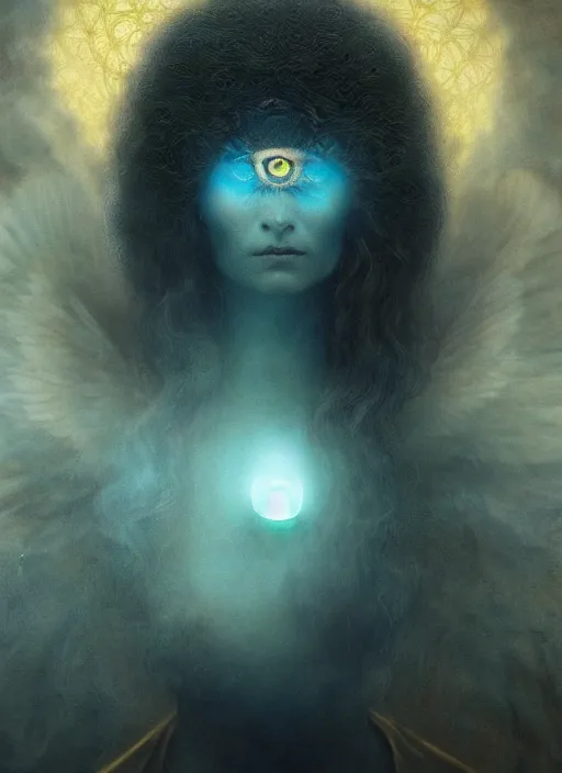 Image similar to Her huge ominous glowing blue eyes staring into my soul , perfect eyes, agostino arrivabene, WLOP, Tomasz strzalkowski, 8k portrait render, raven angel wings, beautiful lighting, dark fantasy art, rococo, gold filigree, cgsociety