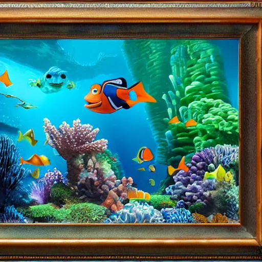 Prompt: coral reef matte painting in the style of finding nemo