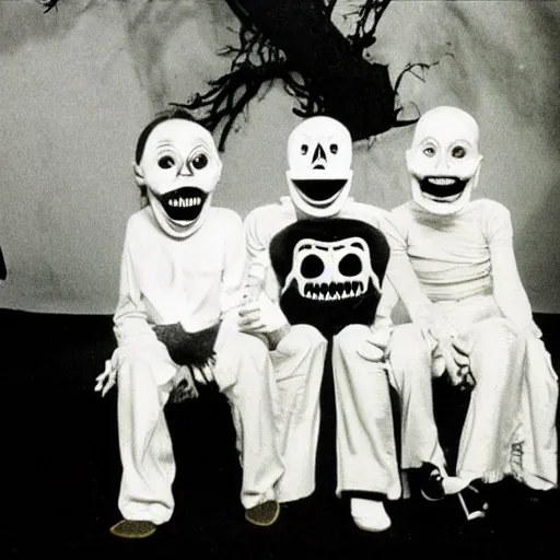 Image similar to a unsettling image of a happy childrens tv show, eerie, spooky photo, 1 9 8 0 s photo