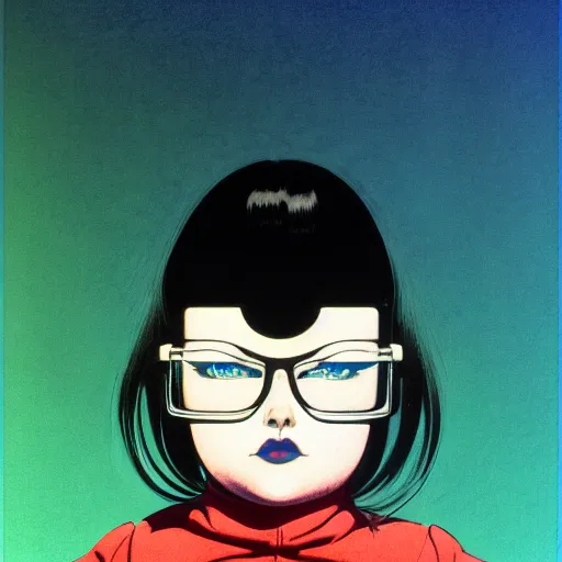 Prompt: a chubby young goth girl an asymmetrical ombre mohawk wearing oversized euro glasses and a leather jacket. high key, anaglyph lighting, detailed character design, melancholic flat geometric minimalism by oskar schlemmer, moebius, nagel, john berkey, oil on canvas, portrait facial head, featured on artstation, hd wallpaper, anime art nouveau cosmic display
