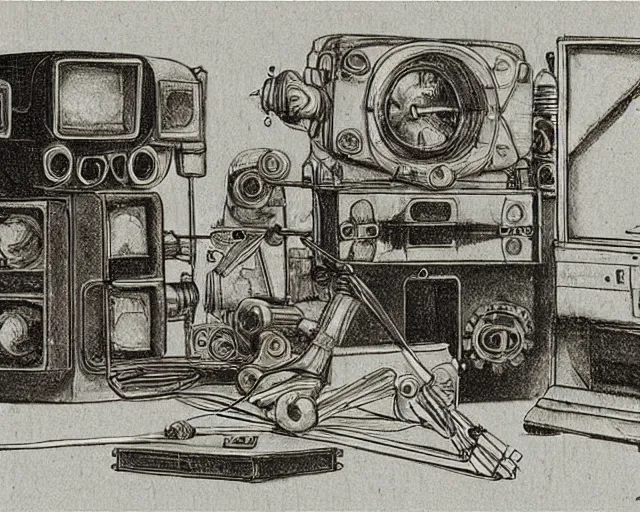 Image similar to steampunk mechanical electrical television set sketch by leonardo da vinci