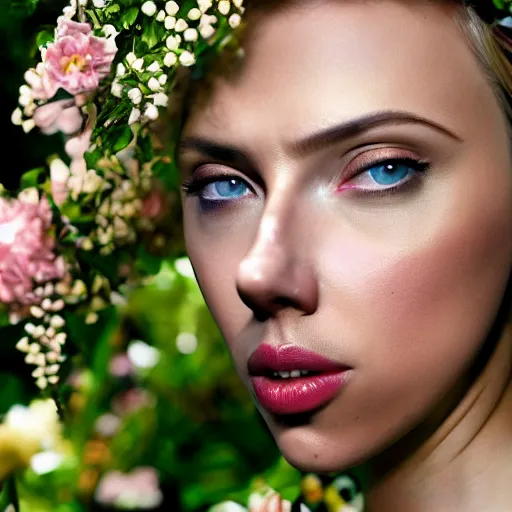 Image similar to Beautiful full-length 20mm mid-distance photograph of Scarlette Johansson in an ornate, lush, exotic Flowerpunk garden, extreme detail, sharp focus, no Depth of Field, clean, clear, sharp, CG society, 3D sculpture, volumetric lighting, cinematic, perfect face, perfect eyes, photorealistic, photograph