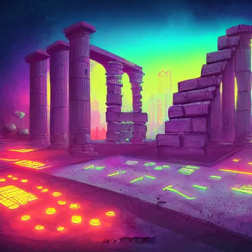 Prompt: neon ancient ruins,digital art,retrowave art,trending on art station