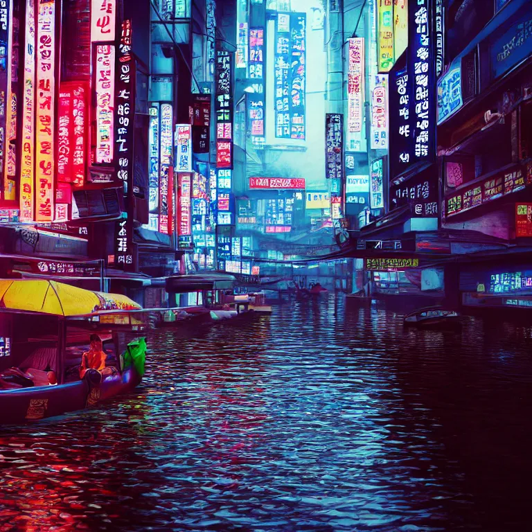 Image similar to cyberpunk flooded rainy south korea, seoul, man in small row boat, reflections, cinematic lighting, photorealistic, trending on artstation, storefronts made of neon lights, hyper realistic rendering photography, unreal 5 engine render, ultra wide angle, long shot, 8 k