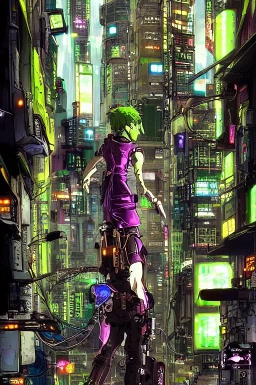 Image similar to beautiful cyberpunk anime style illustration of Shrek Shrek Shrek (!!!!) seen in a tech labor with her back open showing a complex mess of cables and wires, by masamune shirow and katsushiro otomo, studio ghibli color scheme