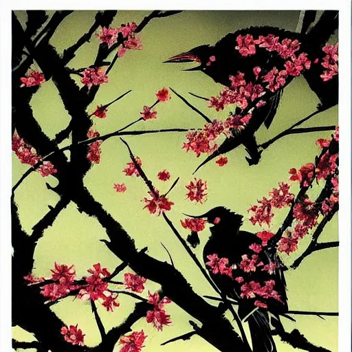 Image similar to birds and sakura blossoms, by dave mckean and yoji shinkawa