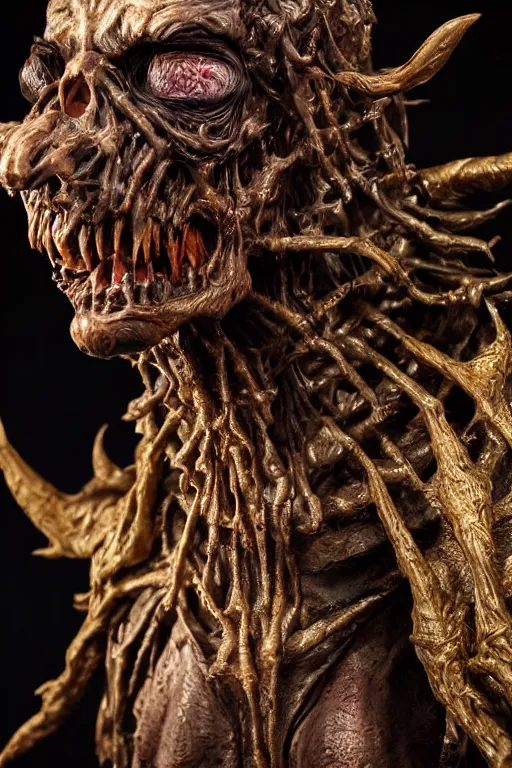 Image similar to photo taken of an epic intricate, ultra detailed, super realistic sculpture of a nightmarish hellish demonic grim reaper animatronic on display in a workshop, created by weta workshop, full body shots, photorealistic, sharp focus, f 0. 4, face centred, macro photography, golden ratio, golden hour