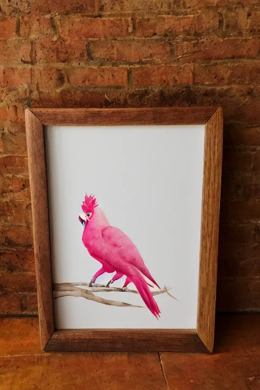 Prompt: a watercolor painting of a galah in a light wooden frame