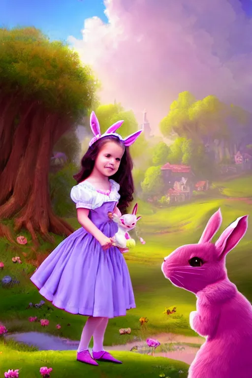 Image similar to matte sharp painting cute little girl dressed as alice and cute rabbit landscape painted by mark rydel and lisa frank, artstation behance storybook