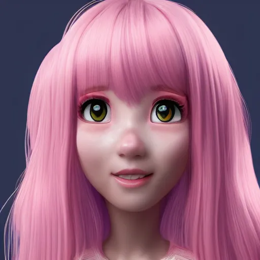 Image similar to A portrait of Nikki from Shining Nikki and Love, a cute 3d cgi toon young woman with long light pink hair, full bangs, hazel eyes, full face, light makeup, pale skin, Chinese heritage, cute outfit, medium shot, mid-shot, hyperdetailed, 8k, trending on artstation, as a Pixar character