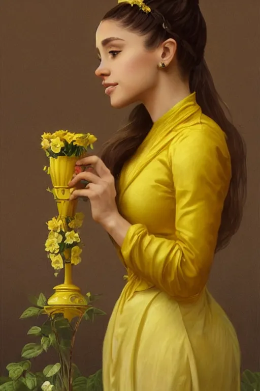 Image similar to beautiful cottagecore Ariana Grande holding a yellow colored vase. intricate, elegant. the background is yellow with voumetric lighting !. highly detailed, digital painting, artstation, concept art, smooth, sharp, focus, illustration. . art by artgerm and greg rutkowski and alphonse mucha