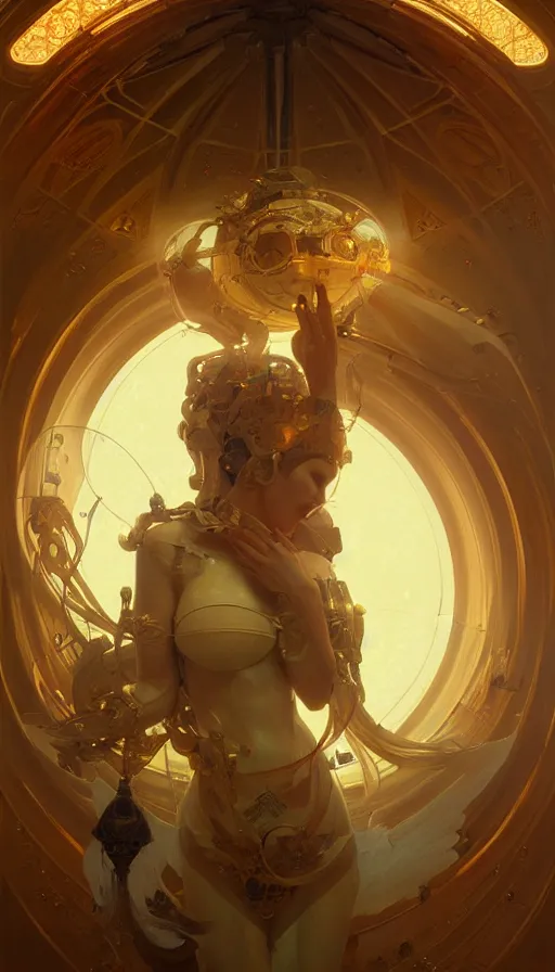 Prompt: a scifi orb drone, religious, elegant, intricate, digital painting, artstation, concept art, smooth, sharp focus, illustration, art by artgerm and greg rutkowski and alphonse mucha