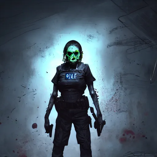 Image similar to angry zombie female police officer, full body portrait, rib cage open, horror core, apocalyptic, feeling of grimdark, sharp focus, fiction, hyper detailed, digital art, trending in artstation, cinematic lighting, studio quality, smooth render, unreal engine 5 rendered, octane rendered, art style and nixeu and wlop and krenz cushart