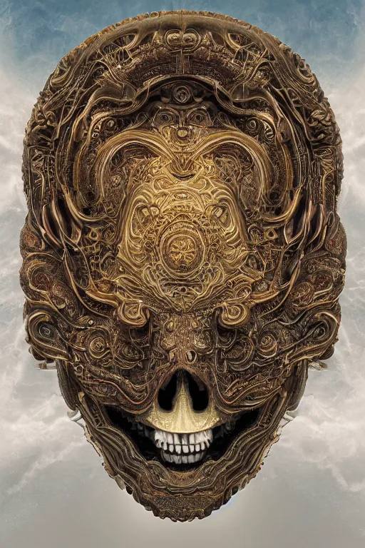 Prompt: 3 d god fractal close - up frontal portrait with ram golden hollow mandala wired mandelbulb skull. beautiful mandelbrot intricately detailed japanese fractal kitsune mask and clasical mandelbulb, nebula,, creature, mandelbulb, fractal, artwork by tooth wu and wlop and beeple and greg rutkowski