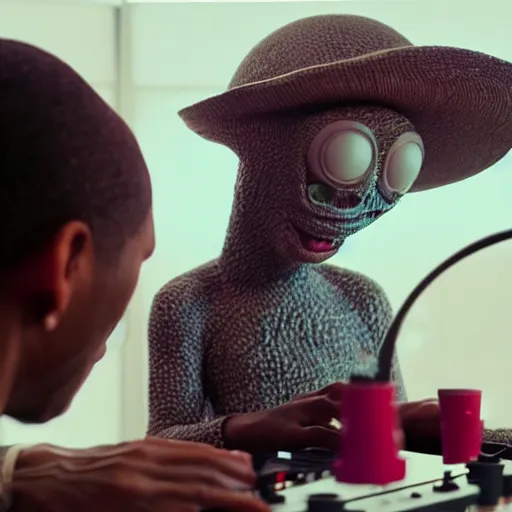 Image similar to cinematic film still of Pharrell Williams Making A Beat with an anthropomorphic alien, Japanese VFX, 2018, 400mm lens, f1.8, shallow depth of field,film photography