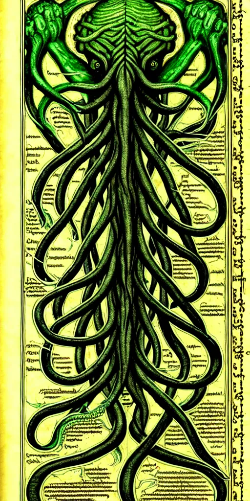 Image similar to cthulhu cross section scientific illustration biology book, highly detailed, style of illuminated manuscript codex