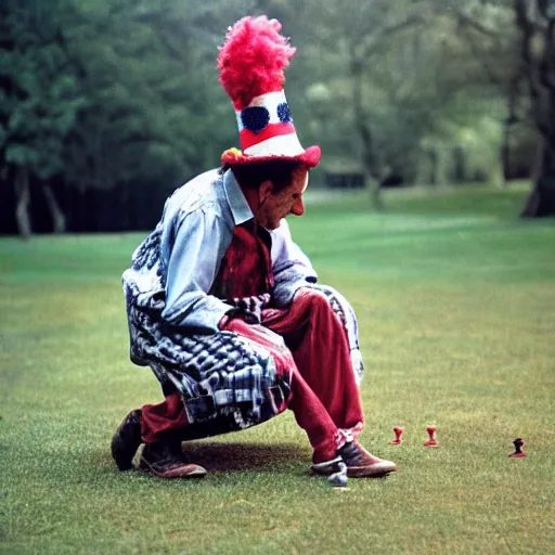 Image similar to portrait photo of a clown playing chess in a park by annie liebovitz,