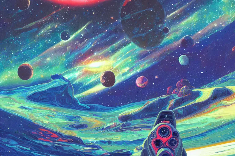 Image similar to space landscape, illustration painting, oil on canvas, intricate, portrait, detailed illustration, hd, digital art, overdetailed art, concept art, complementing colors, detailed, illustration painting by alex gray, digital art, overdetailed art, concept art, complementing colors rendered by beeple, syd meade,