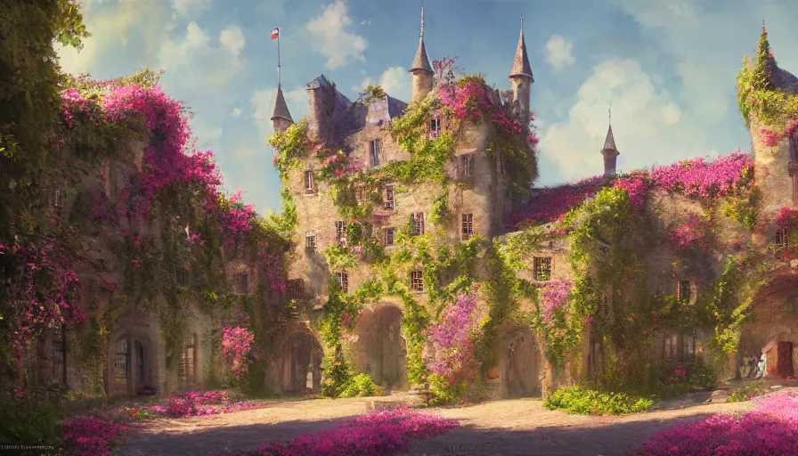 Prompt: Digital painting of a magnificent french castle with a flowery alley, wide angle, volumetric light, hyperdetailed, artstation, cgsociety, 8k