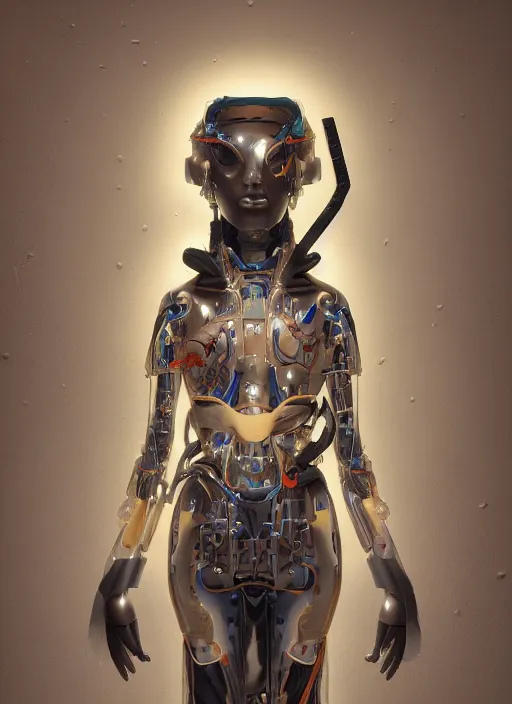 Image similar to portrait of a futuristic geisha cyborg, kintsugi, modern fine art, fractal, intricate, elegant, highly detailed, digital photography, subsurface scattering, in the style of ghost, by jheronimus bosch and yue minjun and greg rutkowski,