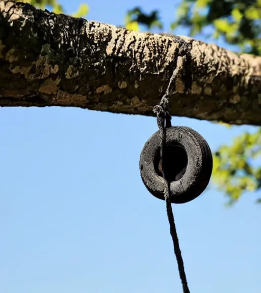 Image similar to sad rubber tire hanging from a tree from a noose