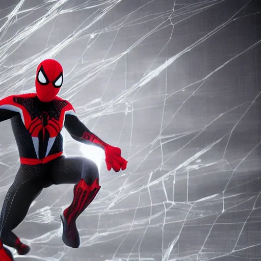 Image similar to black spider - man suit with white web lining, cinematic, volumetric lighting, realistic, hyperdetailed, photorealistic, photograph