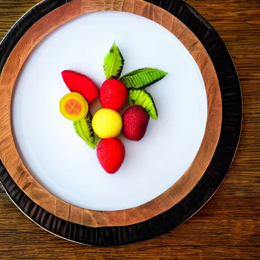 Image similar to beautiful photo of fruit pieces arranged to shape a rowing boat on a white plate, dslr