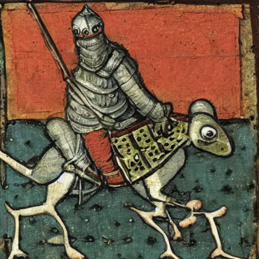 Image similar to knight riding on a frog, medieval painting