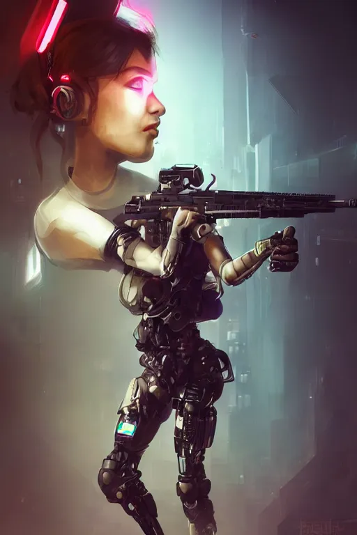 Image similar to beautiful illustration of a cyborg mercenary girl holding a rifle, art by wlop, artgerm, liam wong, upper body, cyberpunk, neon, elegant, highly detailed, trending on artstation, sharp focus, caustics, octane render, radiant light, 4 k