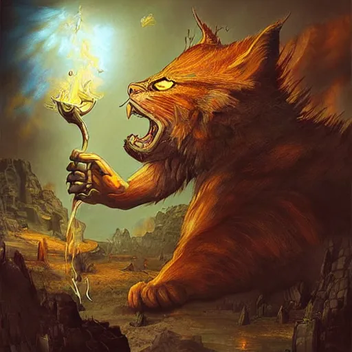 Prompt: “Tabaxi alchemist throwing alchemist fire on a great beast, realistic fantasy painting inspired by dungeons and dragons”