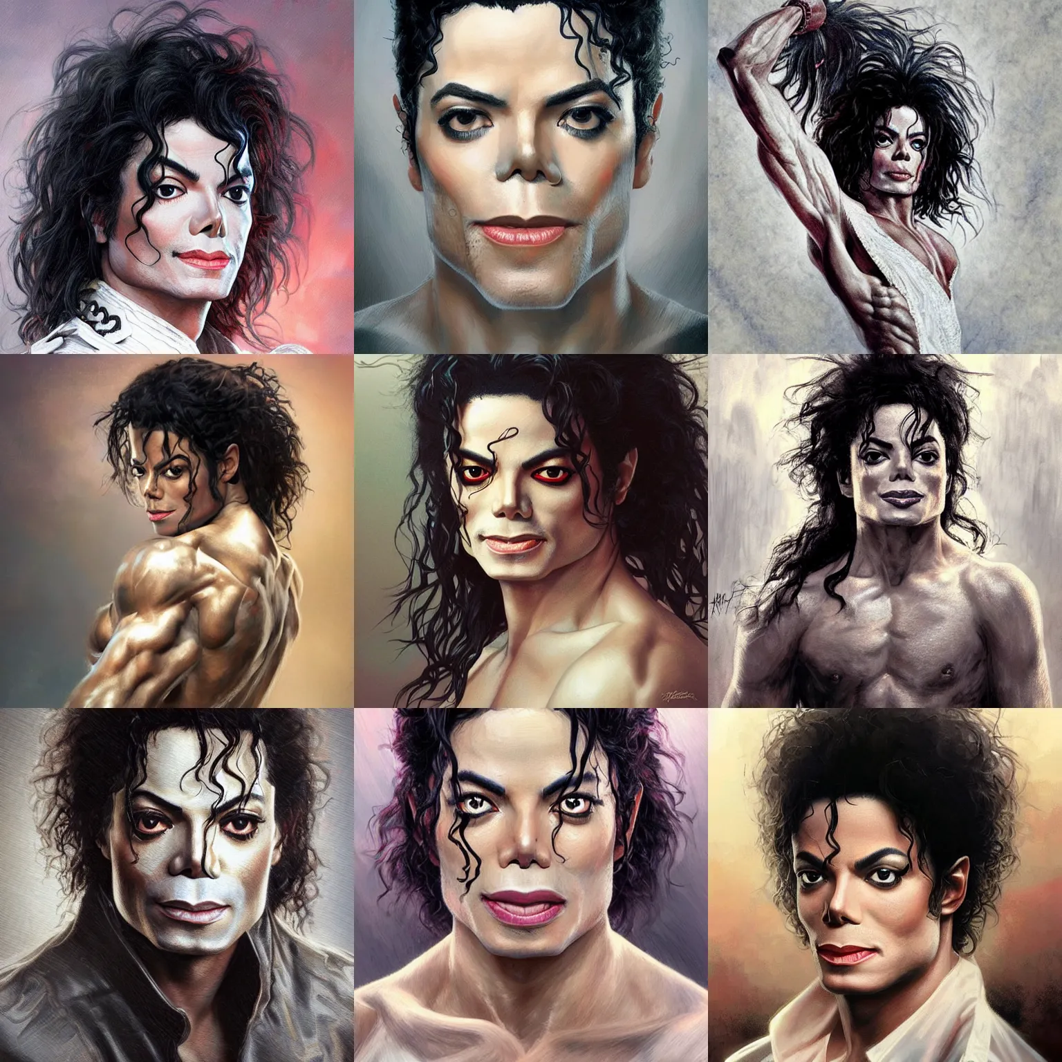 Prompt: michael jackson! ballerina ! very close portrait of angry rugged barbarian, muscular, upper body, 👅 👅 , D&D, fantasy, intricate, elegant, highly detailed, digital painting, artstation, concept art, smooth, sharp focus, illustration, art by artgerm and greg rutkowski and alphonse mucha