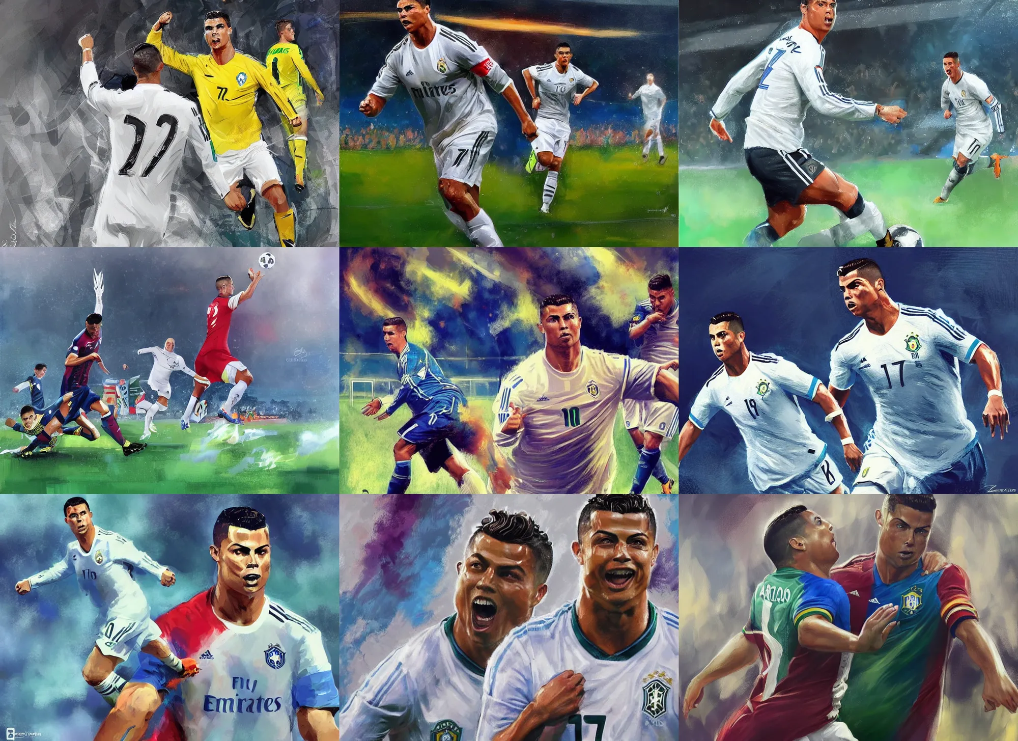 Prompt: ronaldo nazario!!!!!!! and cristiano ronaldo scoring goal by daniel gerhartz, brazil, soccer, trending on artstation