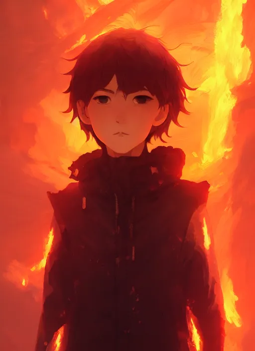 Image similar to a portrait of fire - kun, intricate, tone mapped, ambient lighting, highly detailed, digital painting, artstation, concept art, 4 k, god rays, stunningly beautiful, glowing eyes, sharp focus, by makoto shinkai and akihiko yoshida and hidari and wlop