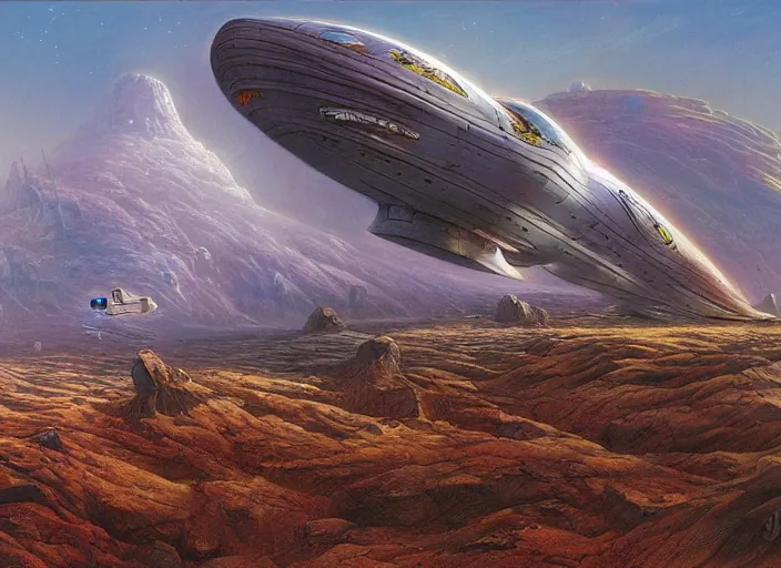 Image similar to a spaceship in a stunning landscape by jim burns