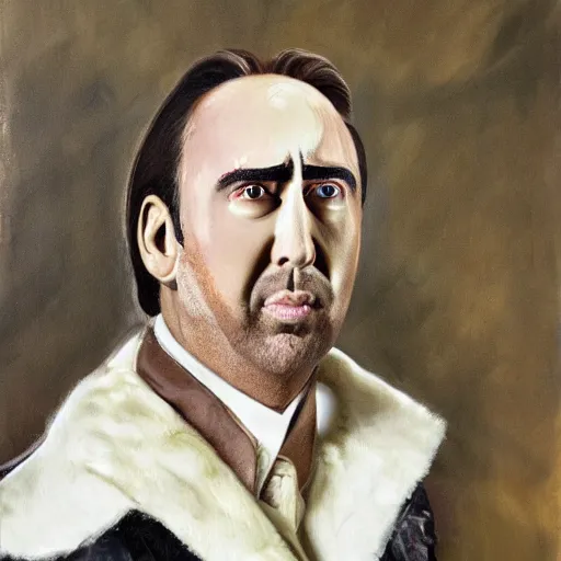 Image similar to nic cage fused with a horse, buff, painted portrait, highly detailed,