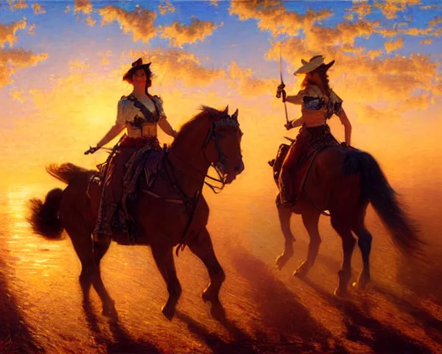 Image similar to female sheriff riding at sunset, highly detailed painting by gaston bussiere, craig mullins, j. c. leyendecker 8 k